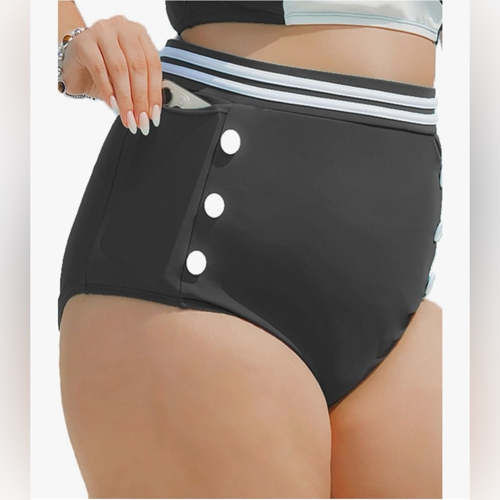 High Waisted Bikini Bottoms Tummy Control with Side Pockets Full Coverage